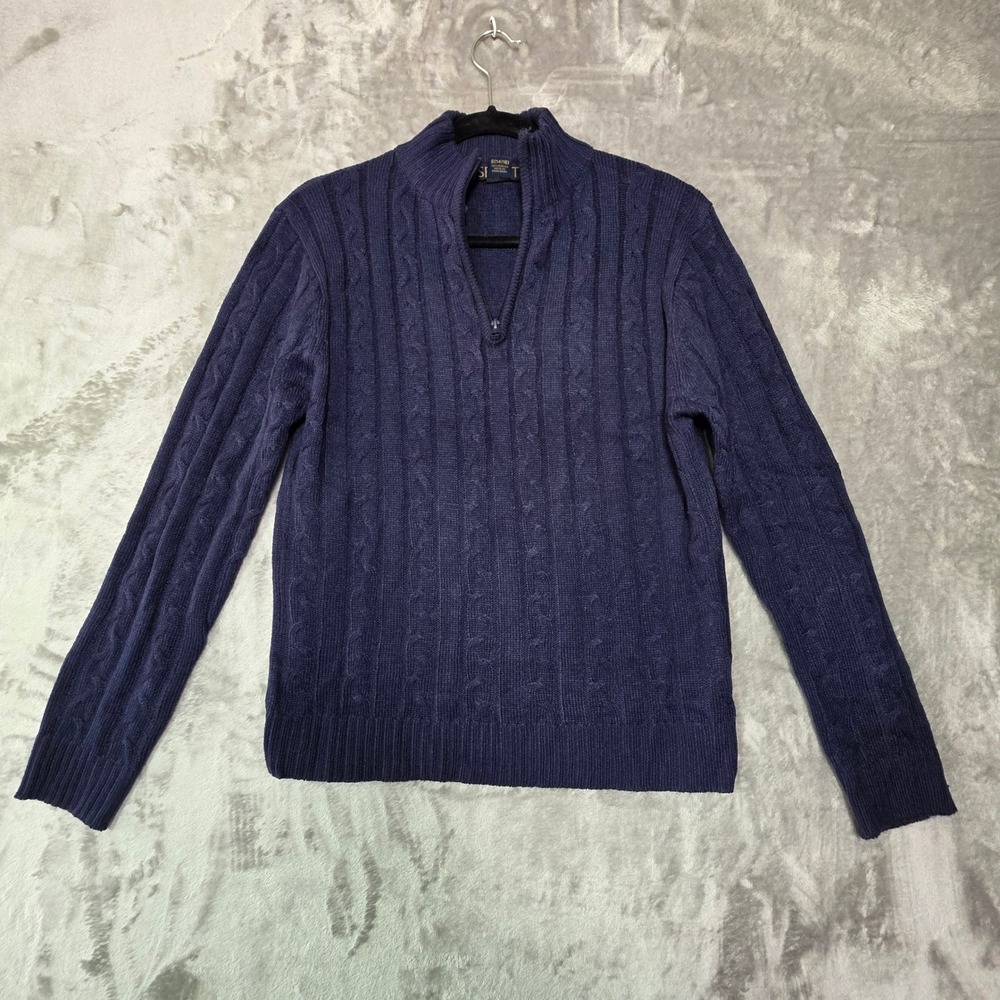 Sezzit Navy Blue Cable Knit Quarter Zip Sweater Size L 14/16 Mock Neck